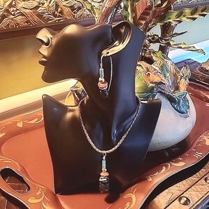 Handcrafted bohemian earrings and necklace set. Genuine lava rock, coral, batik